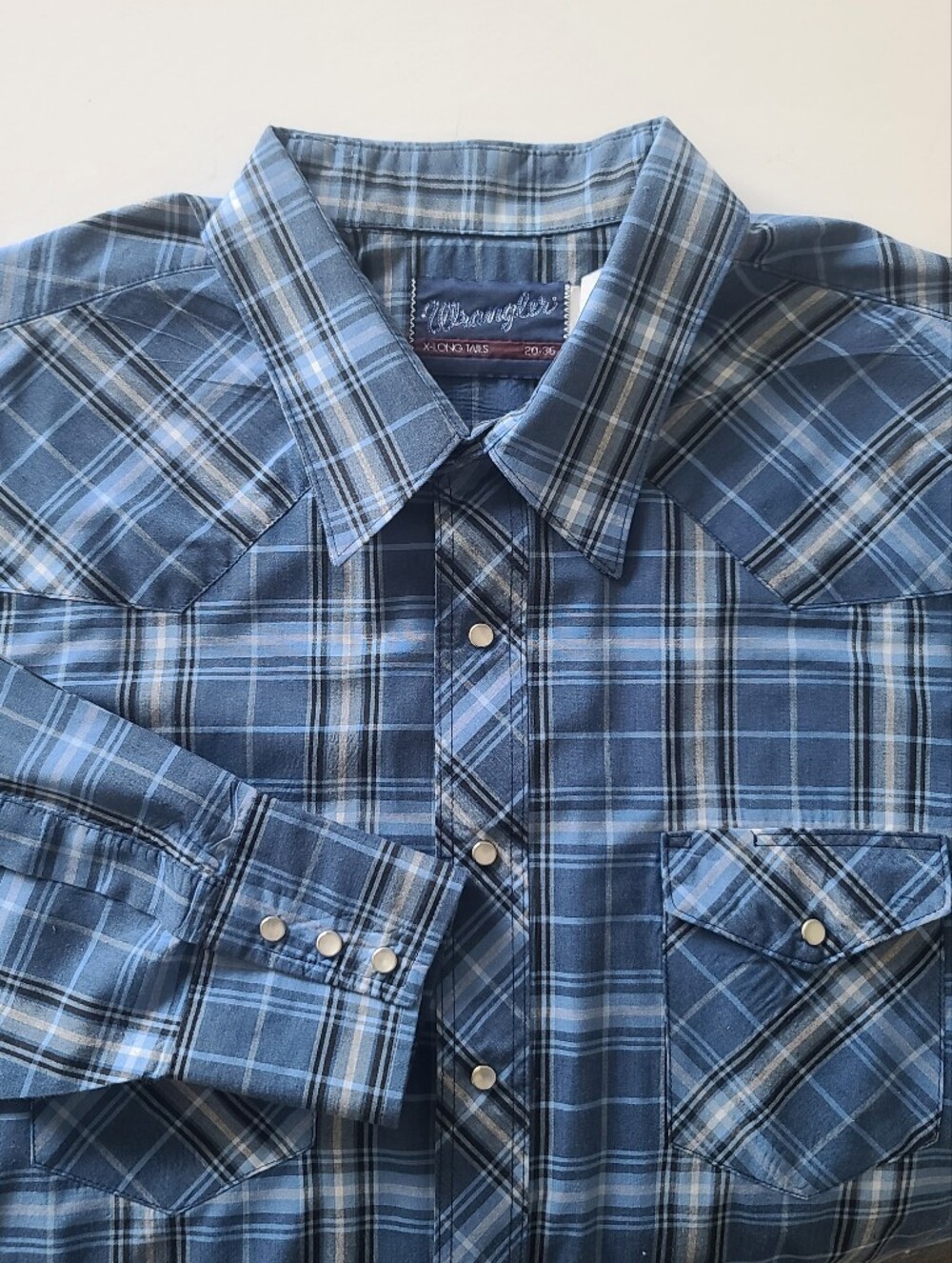 Vtg Wrangler Men's X-Long Tails Blue Plaid LS Western Shirt Pearl Snap 20 x 36
